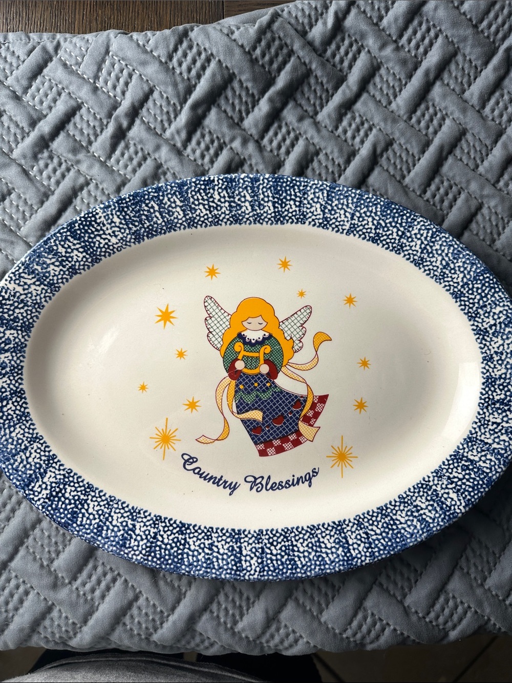 Country Blessings Blue Speckled Angel Serving Platter 14 inches Vintage